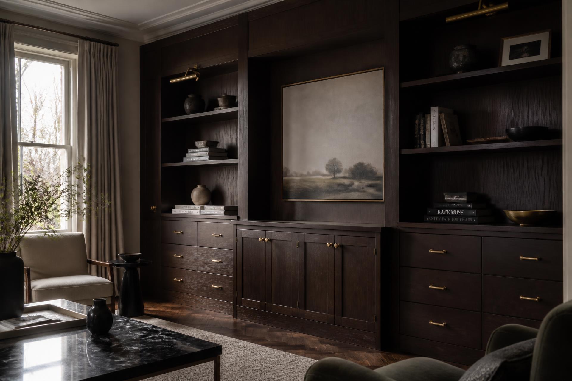 Bespoke dark oak fitted joinery and cabinetry in a British living room