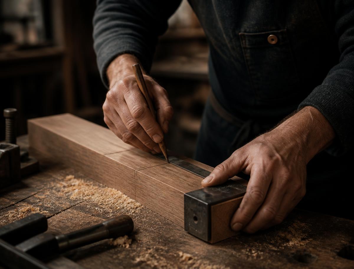 Carpenter marking timber with a pencil and square on a workbench