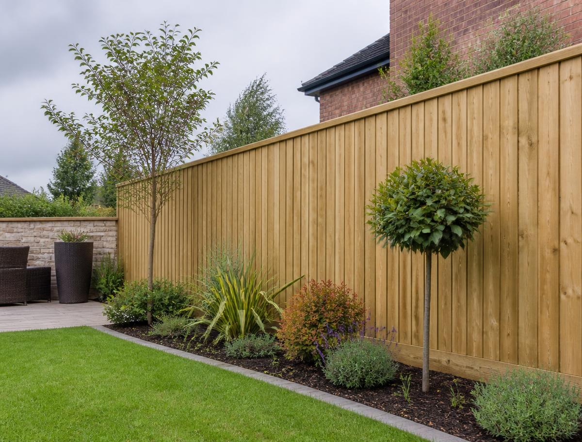 Newly installed timber close-board garden fence along a landscaped garden