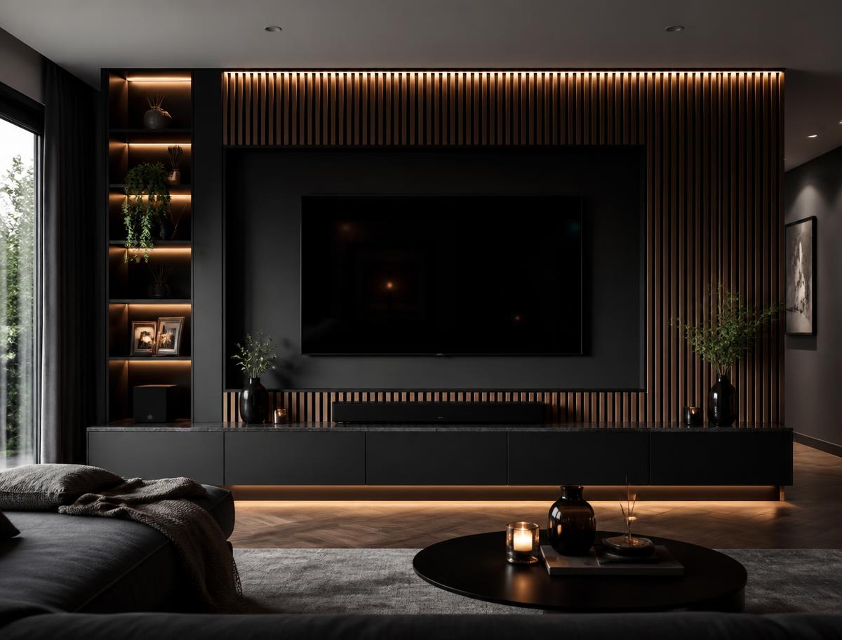 Bespoke media wall with slatted timber panelling and integrated lighting
